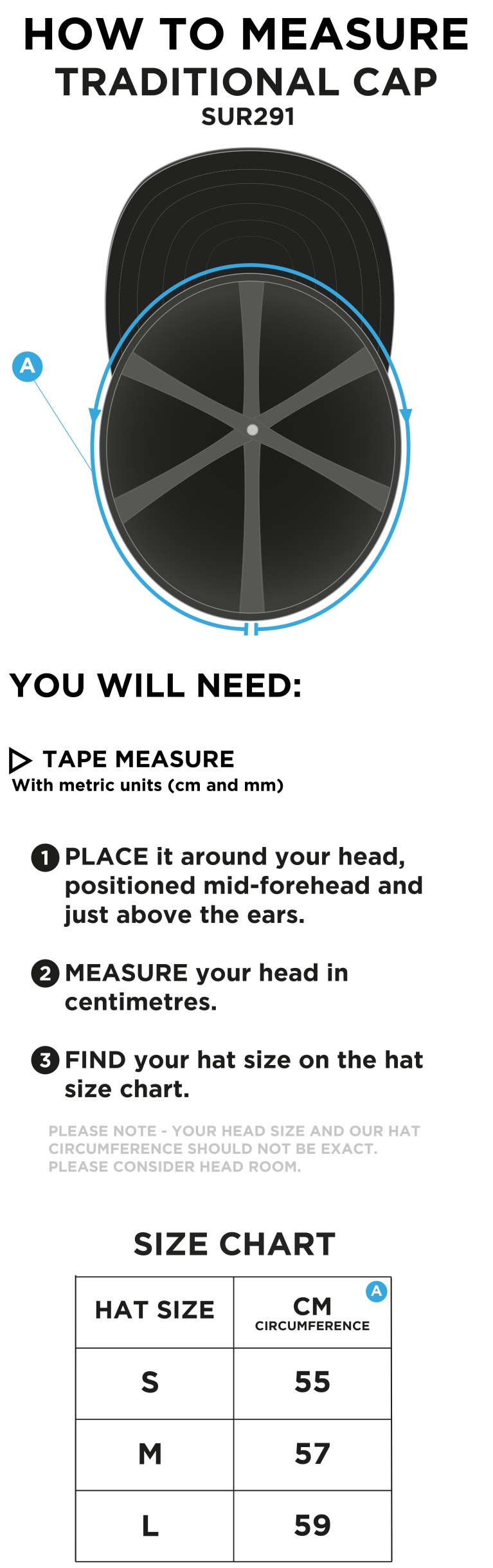 Hutton CC - Traditional Cap - Size Guide