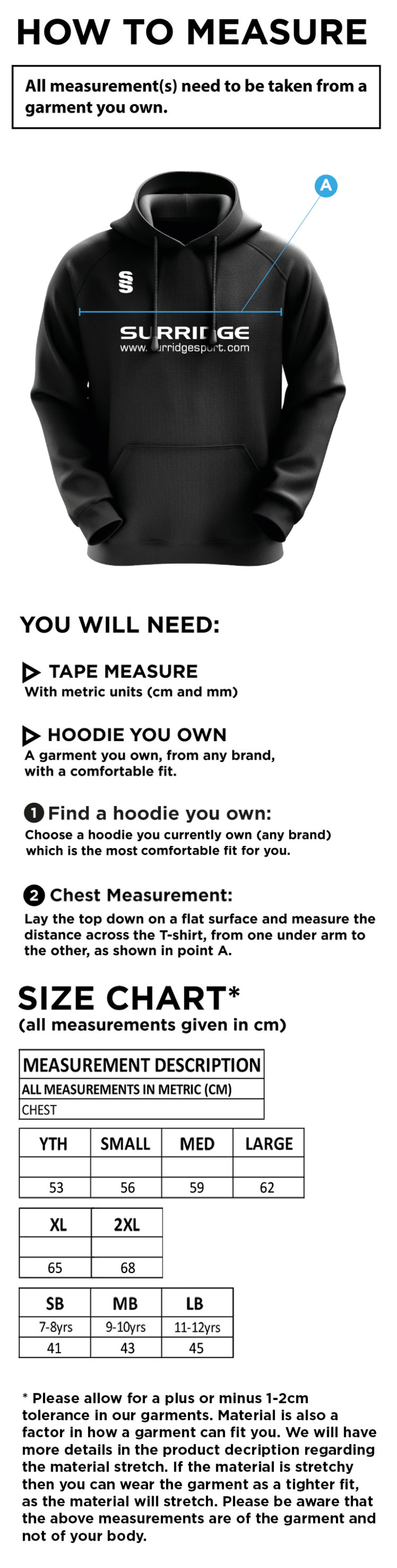 Hutton CC - Blade Hoody - Size Guide