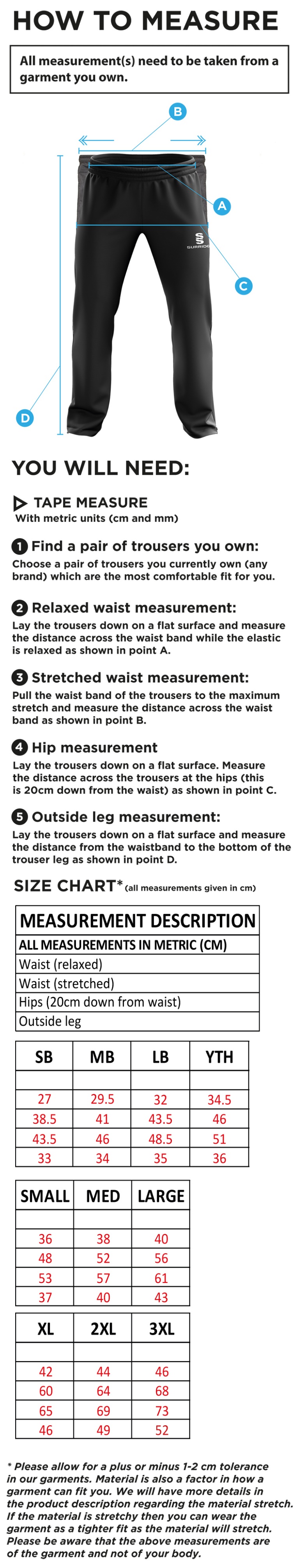 Hutton CC - Ripstop Track Pants - Size Guide