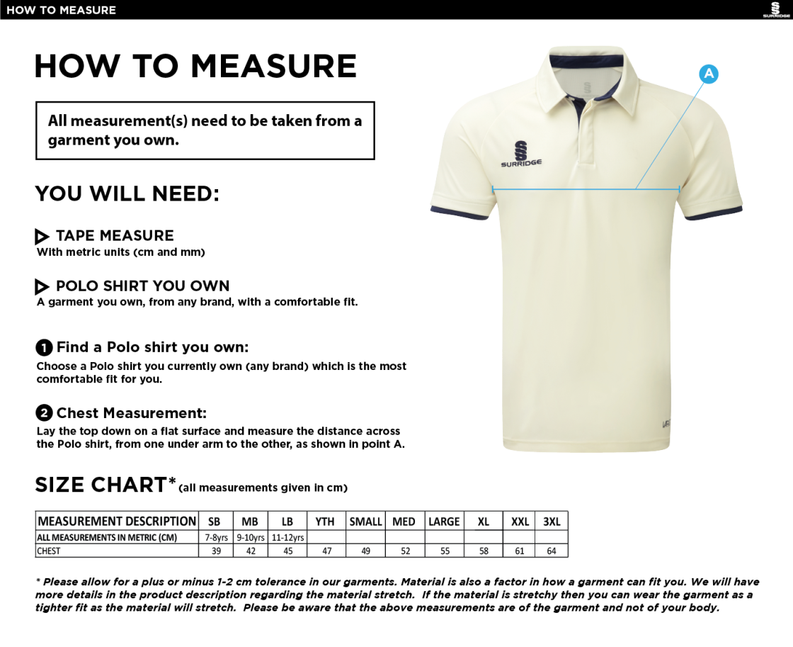 Hutton CC - Ergo Short Sleeved Cricket Shirt - Size Guide