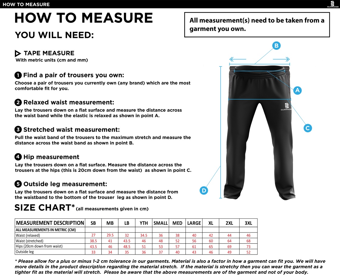Hutton CC - Ripstop Track Pants - Size Guide