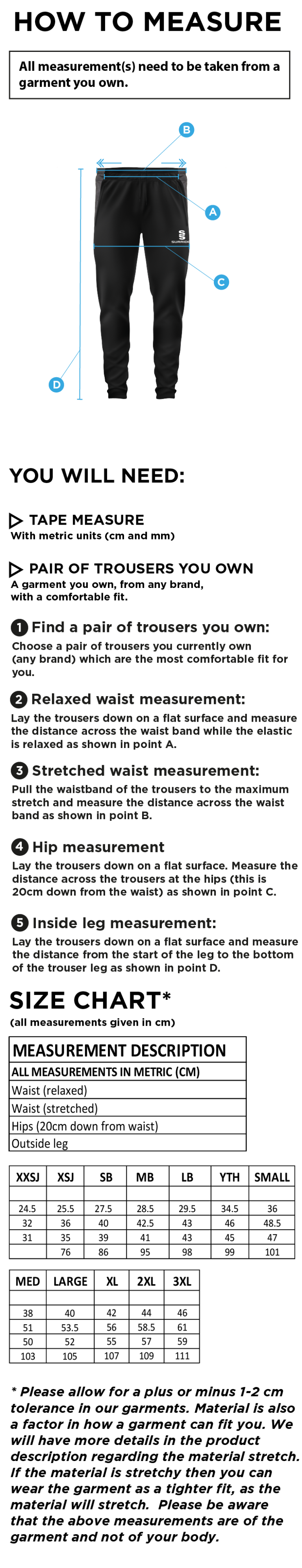 Hutton CC - Tek Pants - Size Guide