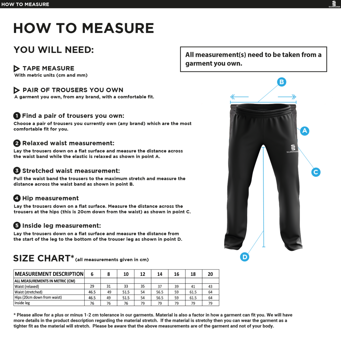 HUTTON CC Classic Tracksuit Pant 3/4 Zip Length Navy Female - Size Guide