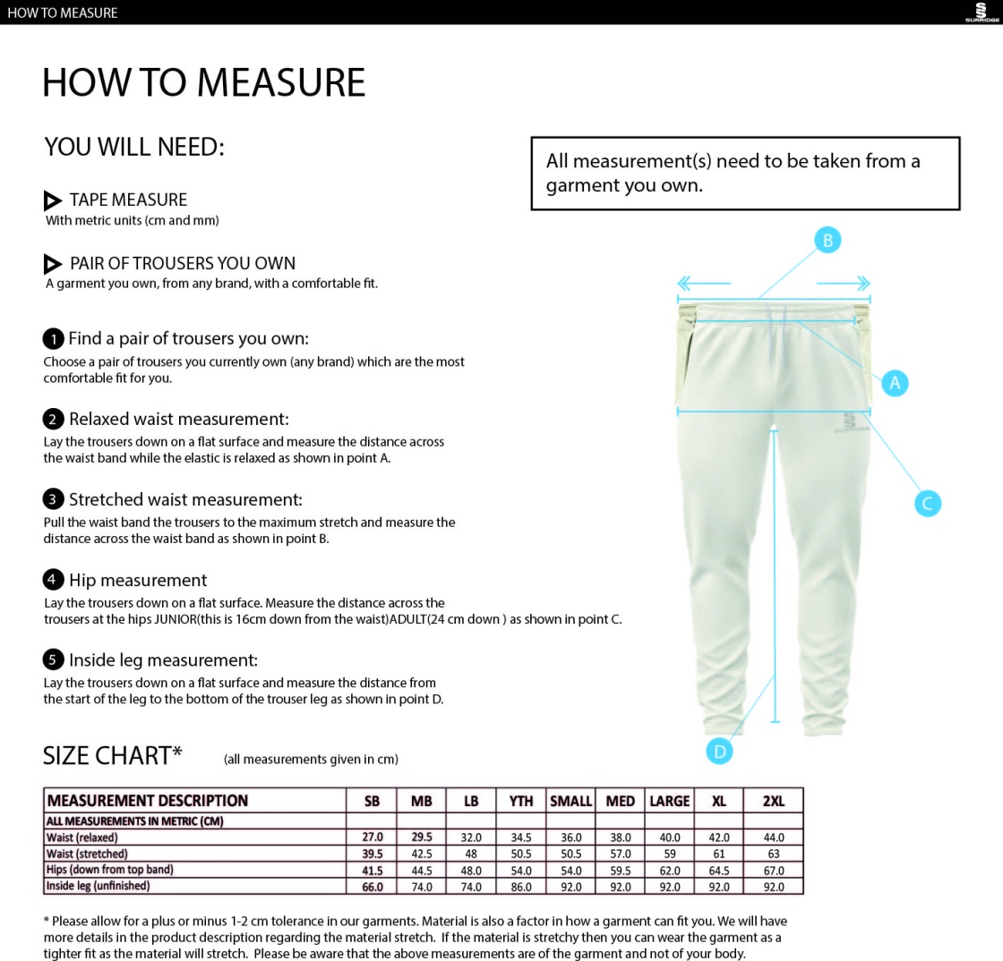 Hutton CC - Ergo Cricket Pants - Size Guide