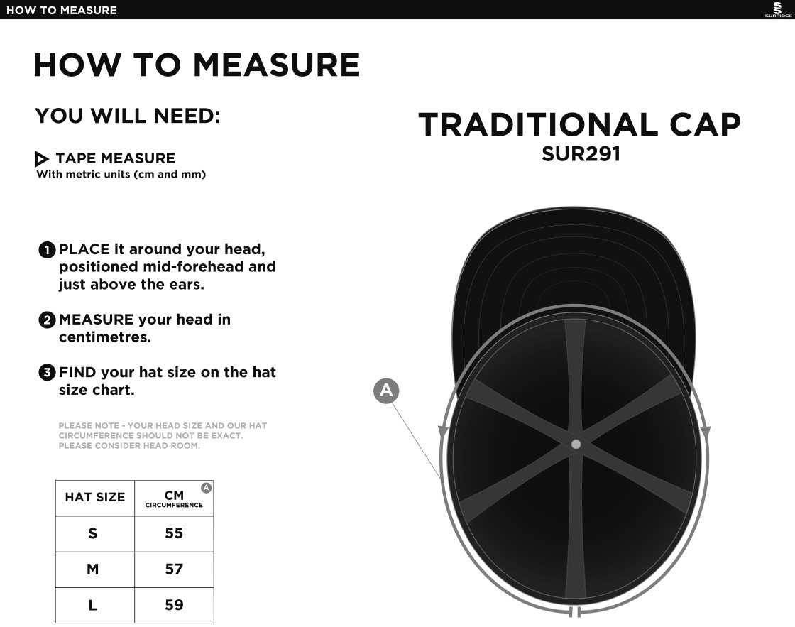 Hutton CC - Traditional Cap - Size Guide