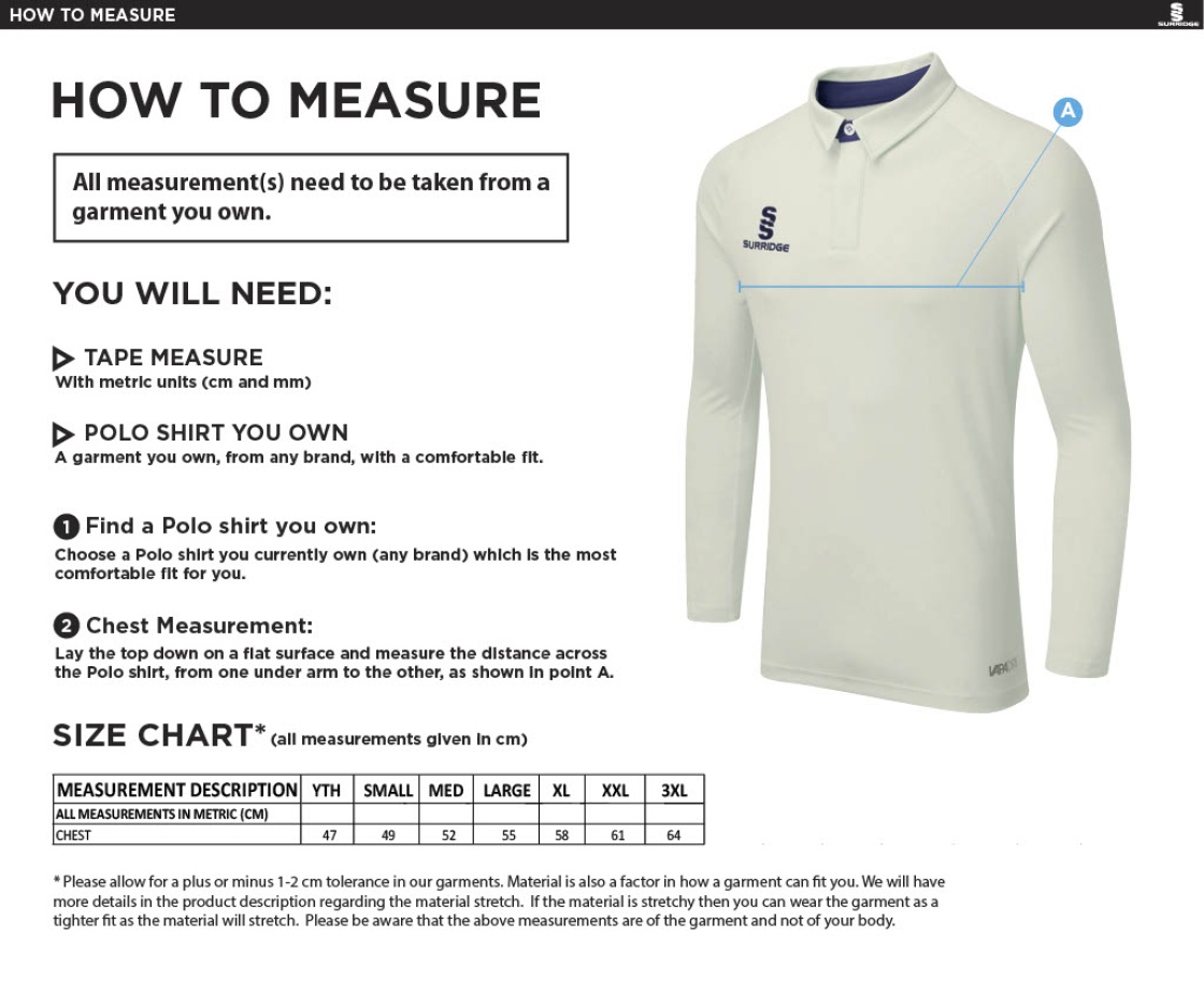 Hutton CC - Long Sleeved Ergo Shirt - Size Guide
