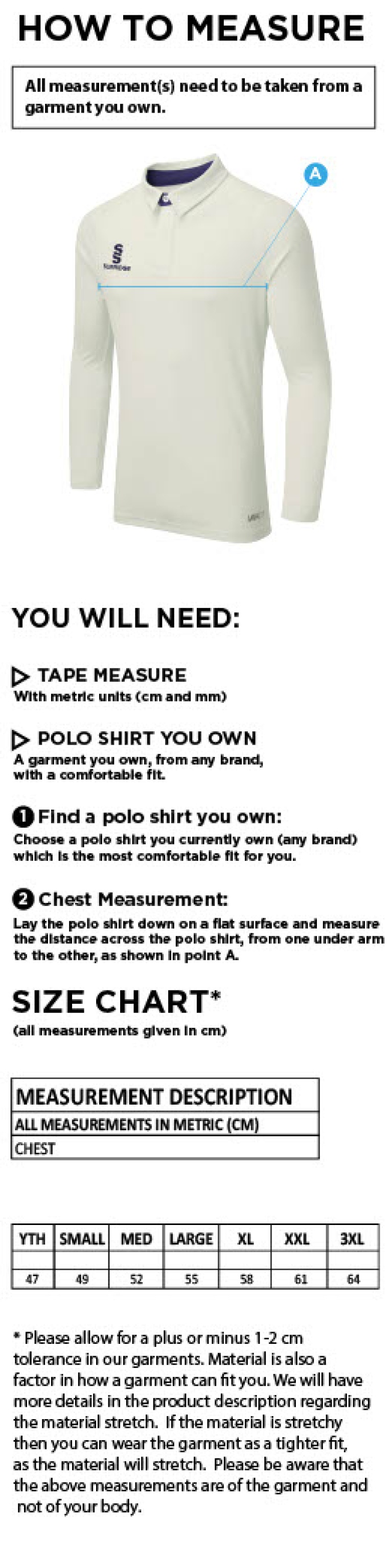 Hutton CC - Long Sleeved Ergo Shirt - Size Guide