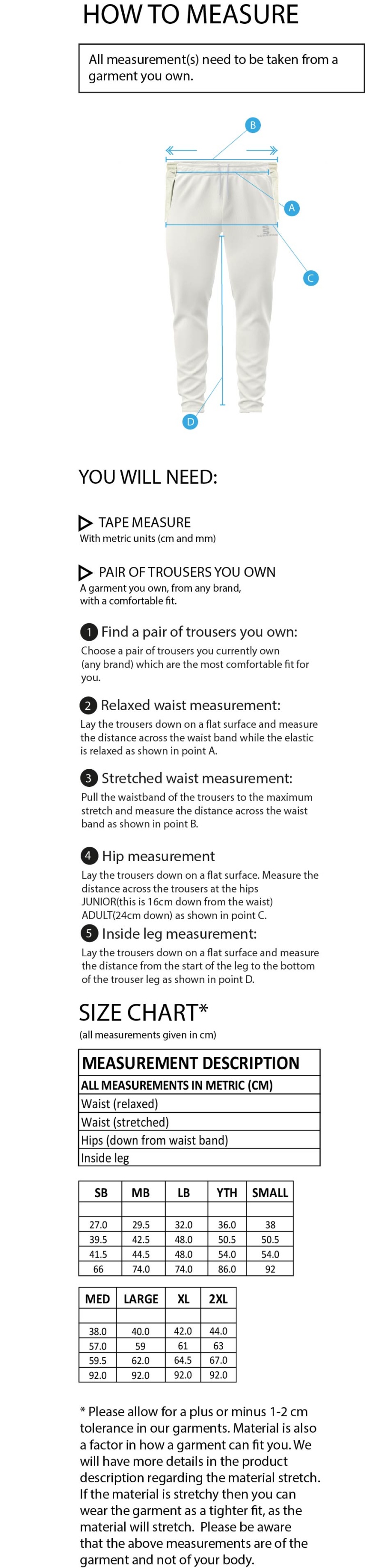Hutton CC - Ergo Cricket Pants - Size Guide