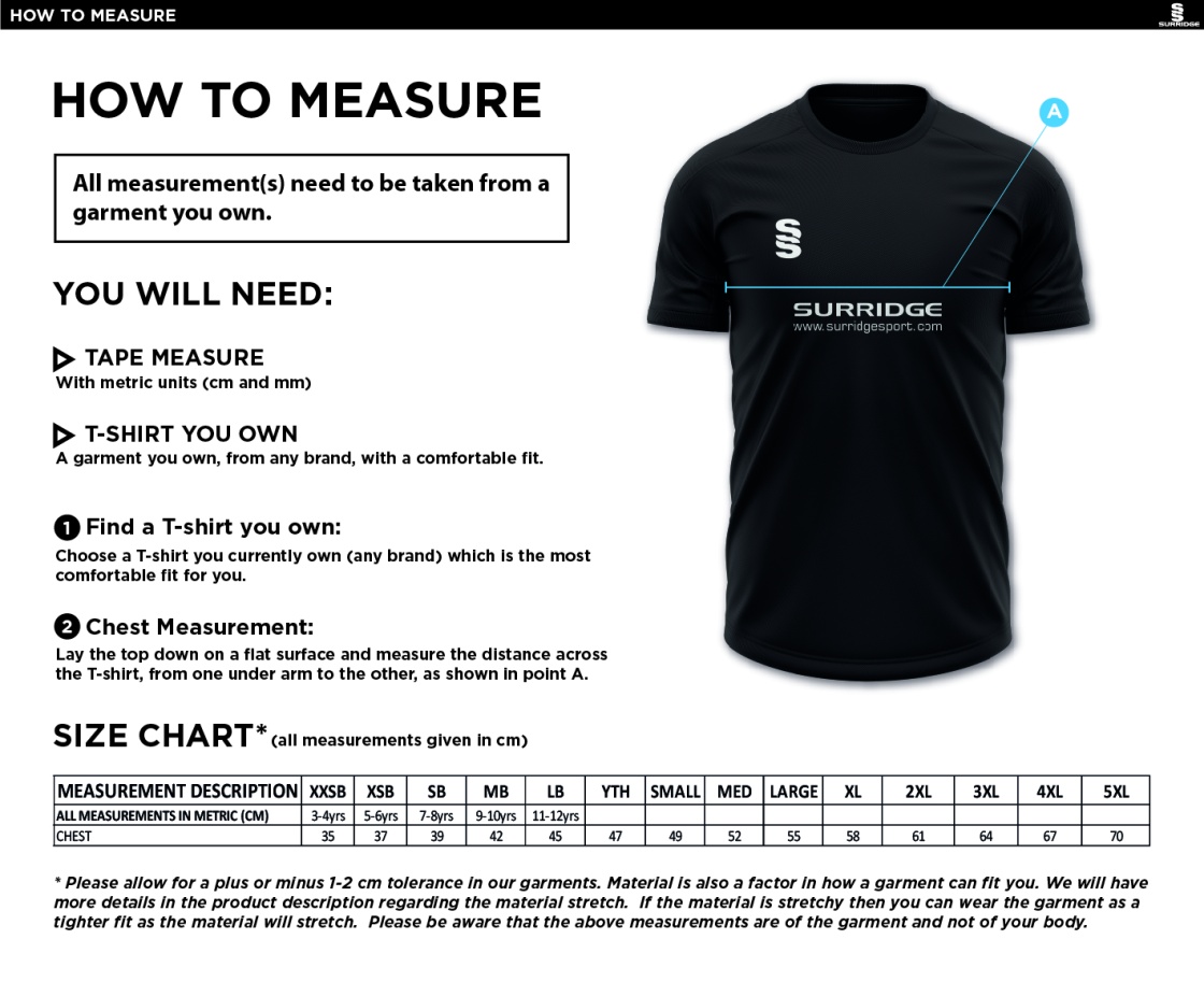 Hutton CC - Blade Training Shirt - Size Guide